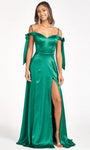 Sexy A-line Natural Waistline Open-Back Slit Wrap Back Zipper Floor Length Satin Off the Shoulder Spaghetti Strap Sweetheart Prom Dress With a Ribbon