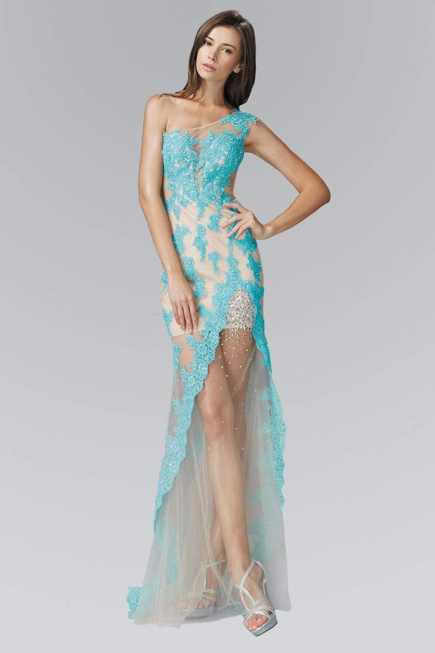 Elizabeth K - GL2051 Laced Asymmetrical Neck Mesh Gown
