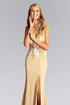 V-neck Sheath Natural Waistline Floor Length Illusion Slit Sheer Applique Sheath Dress/Party Dress With Rhinestones