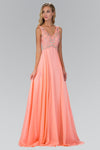 A-line V-neck Natural Waistline Open-Back Beaded Glittering Chiffon Dress