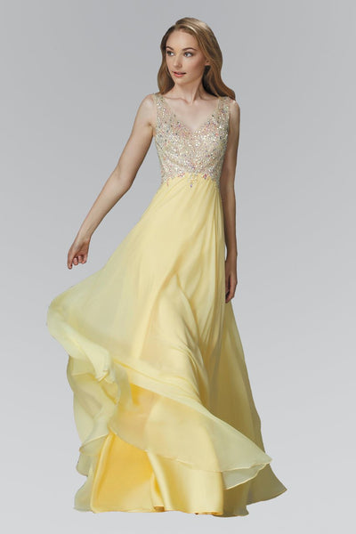 A-line V-neck Sheer Jeweled Sheer Back Natural Waistline Floor Length Chiffon Sweetheart Dress