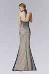 Floor Length High-Neck Tulle Mermaid Slit Jeweled Fitted Beaded Party Dress