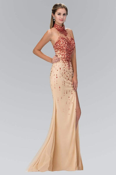 Fitted Jeweled Slit Beaded Tulle Floor Length Mermaid High-Neck Party Dress