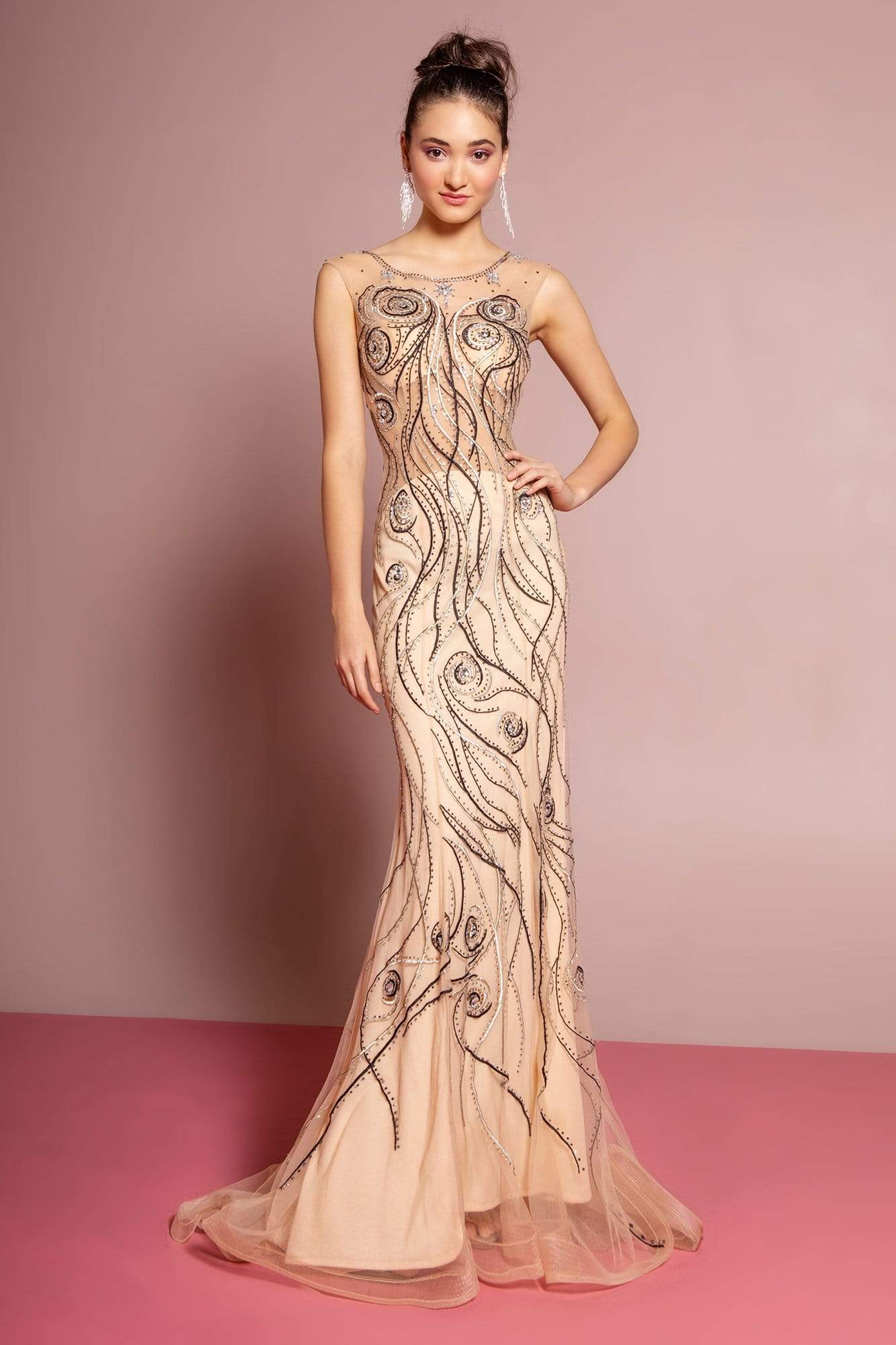 Elizabeth K - GL2149 Illusion Jewel Swirl Motif Embroidered Gown
