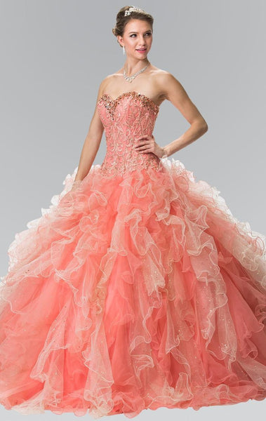 Strapless Jeweled Corset Natural Waistline Jeweled Neck Sweetheart Tulle Ball Gown Quinceanera Dress With Ruffles