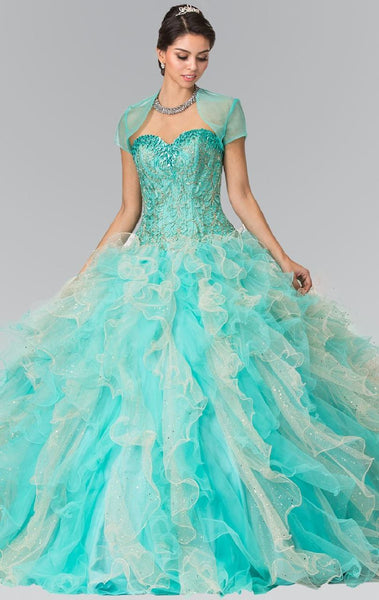 Strapless Tulle Jeweled Neck Sweetheart Jeweled Corset Natural Waistline Ball Gown Quinceanera Dress With Ruffles