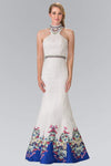 Floral Print High-Neck Floor Length Mermaid Jeweled Belted Beaded Open-Back Natural Waistline Sleeveless Evening Dress