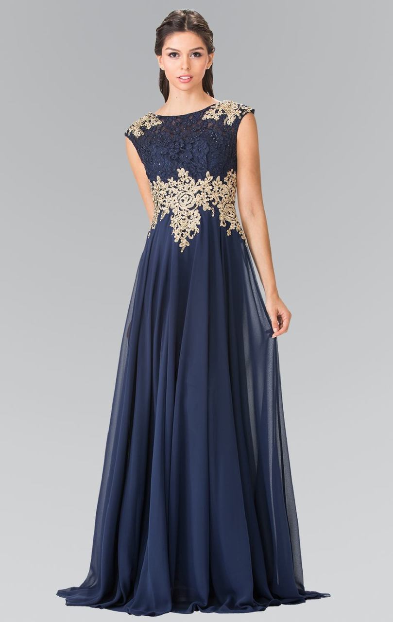 Elizabeth K - GL2228 Embellished Bateau Chiffon A-Line Dress
