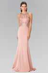 Sophisticated Jersey Mermaid Beaded Illusion Sheer Cutout Natural Waistline Halter Evening Dress