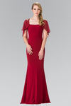 Sheath Flutter Sleeves Square Neck Draped Illusion V Back Fitted Beaded Trim Natural Waistline Sheath Dress