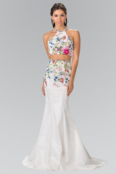 Sleeveless Charmeuse Open-Back Back Zipper Mermaid Halter Natural Waistline Floral Print Dress