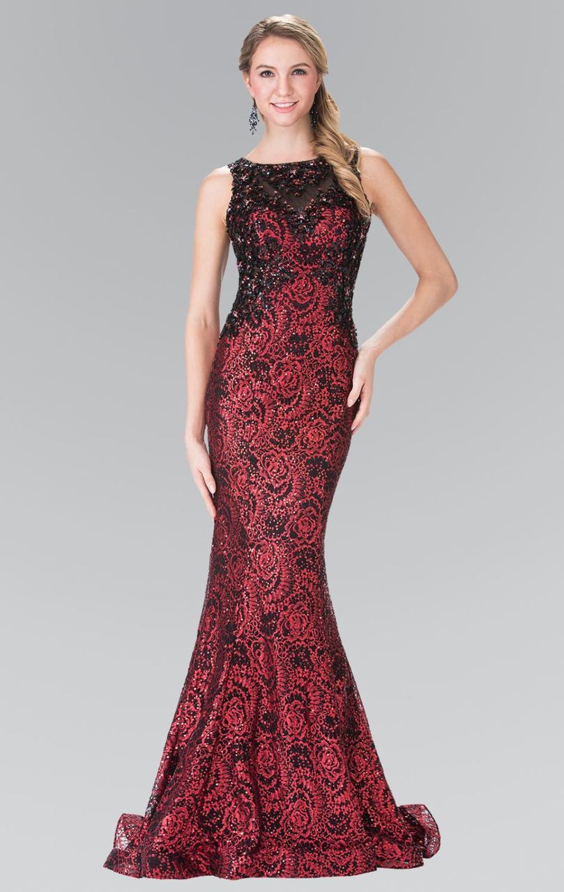 Elizabeth K - GL2268 Embellished Bateau Neck Lace Trumpet Dress
