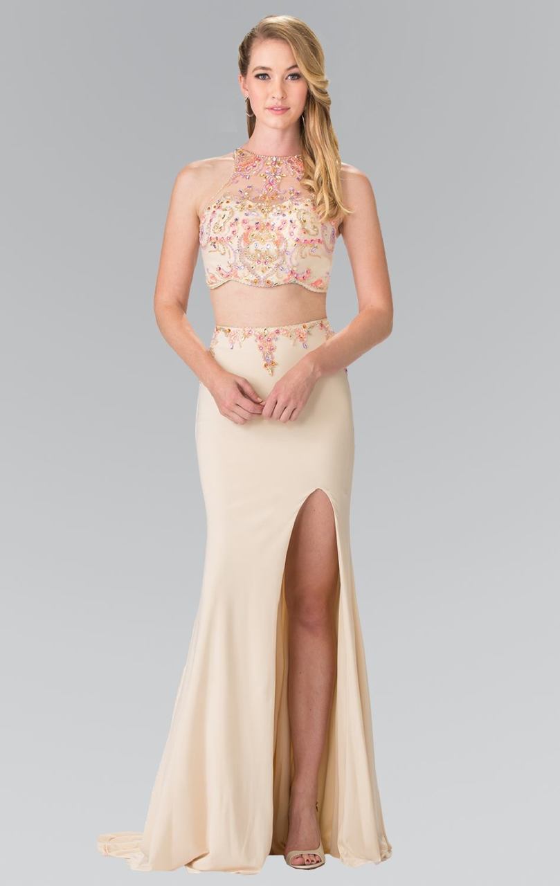 Elizabeth K - GL2277 Beaded Halter Neck Rome Jersey Trumpet Gown
