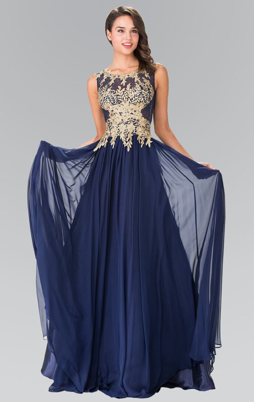 Elizabeth K - GL2288 Laced Scoop Neck Chiffon A-Line Dress

