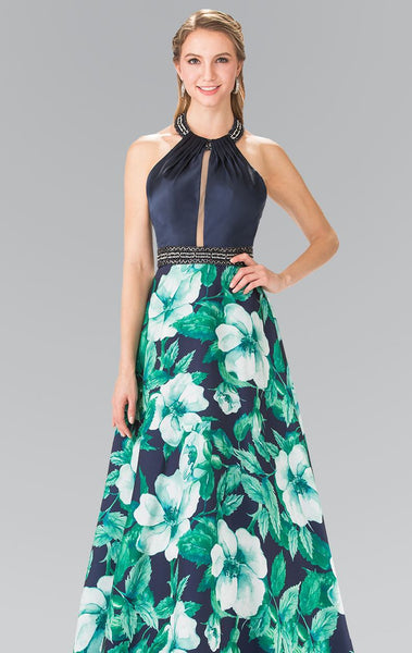 A-line Natural Waistline Full-Skirt Beaded Back Zipper Sheer Open-Back Floral Print Halter Dress