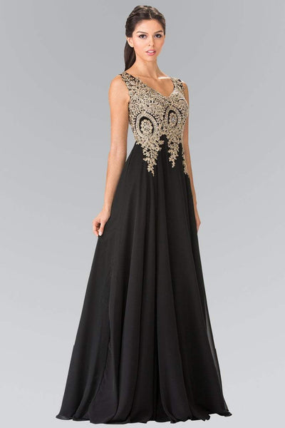 A-line V-neck Floor Length Open-Back Applique Sheer Pleated Embroidered Flower(s) Natural Waistline Dress