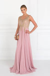 A-line V-neck Natural Waistline Floor Length Sheer Embroidered Open-Back Applique Flower(s) Pleated Dress