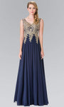 A-line V-neck Natural Waistline Floor Length Flower(s) Sheer Open-Back Embroidered Applique Pleated Dress