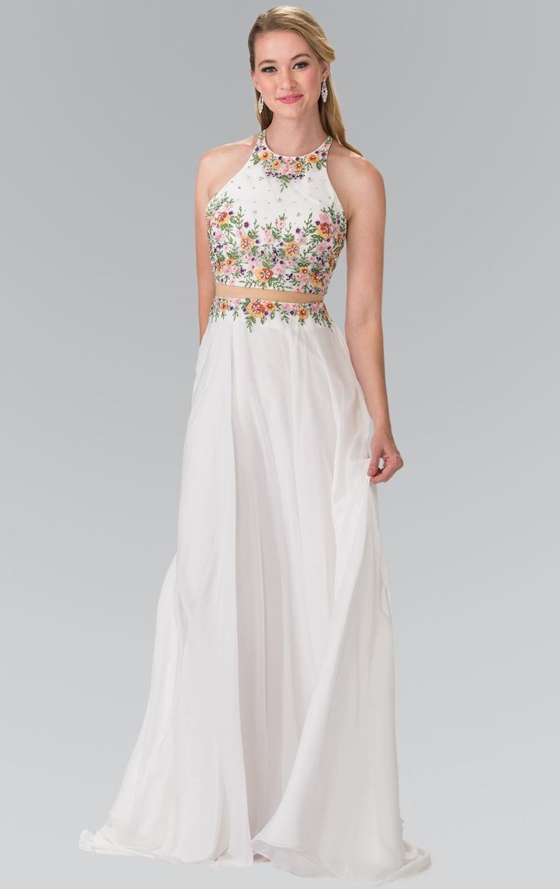 Elizabeth K - GL2340 Embellished Halter Neck Chiffon A-Line Dress
