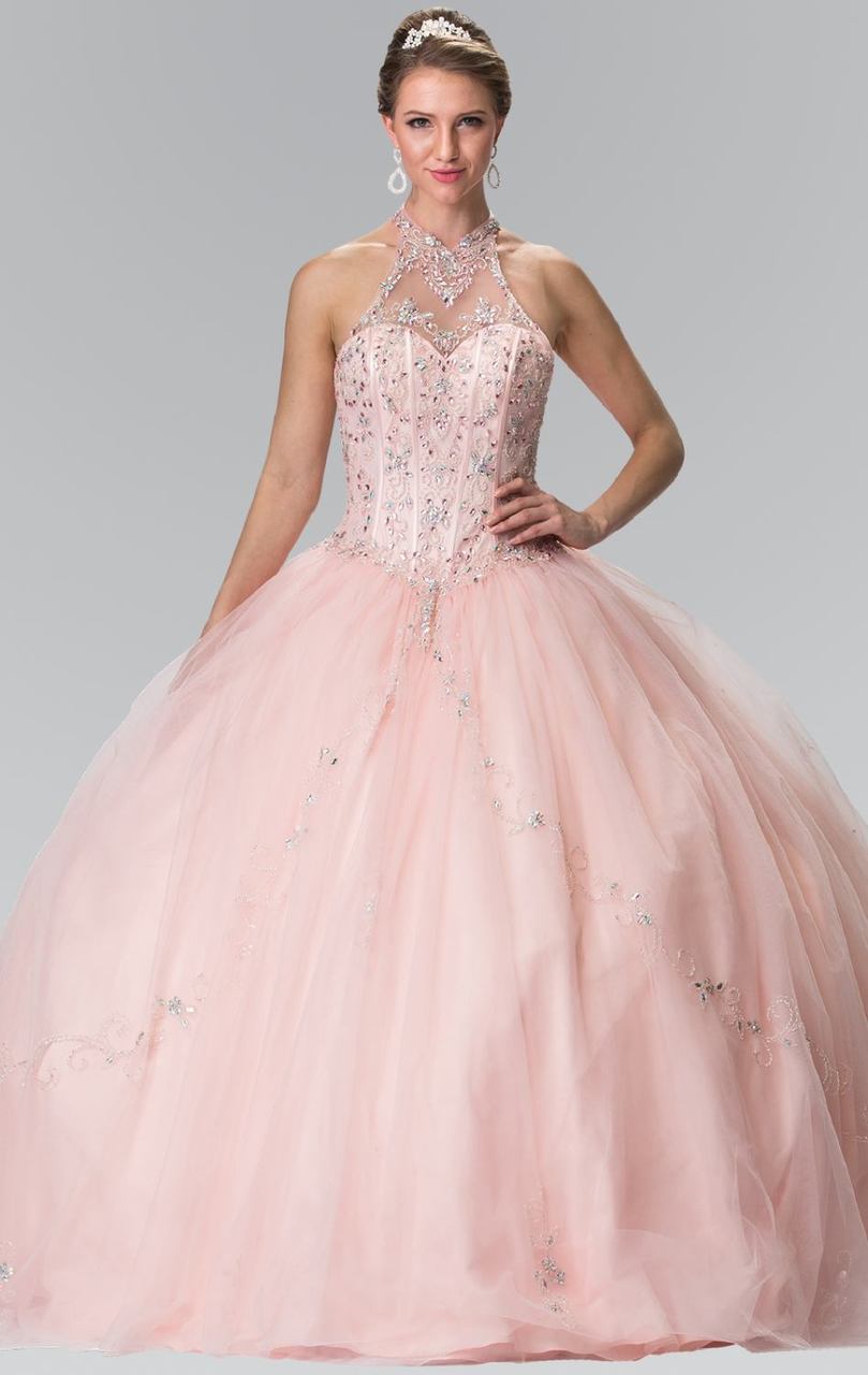 Elizabeth K - GL2348 Bead Embellished Halter Neck Tulle Ballgown
