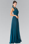 A-line Chiffon Floor Length Ruched Open-Back Back Zipper Sleeveless Halter Natural Waistline Dress With a Bow(s)