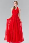 A-line Open-Back Ruched Back Zipper Sleeveless Halter Chiffon Natural Waistline Floor Length Dress With a Bow(s)