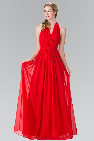 A-line Natural Waistline Halter Chiffon Open-Back Back Zipper Ruched Sleeveless Floor Length Dress With a Bow(s)