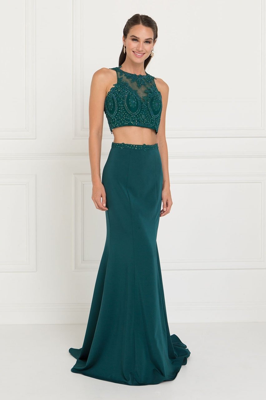 Elizabeth K - GL2419 Embroidered Two Piece Halter Evening Dress
