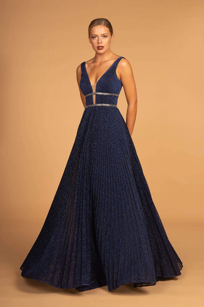 Tall A-line V-neck Floor Length Plunging Neck Mesh Pleated Back Zipper Sheer Illusion V Back Accordion Fall Empire Waistline Sleeveless Metallic Prom Dress