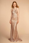 Tall Sophisticated V-neck Sleeveless Halter Plunging Neck Metallic Glittering Illusion Back Zipper Jeweled Beaded Sheer Natural Waistline Mermaid Dress with a Brush/Sweep Train