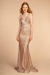 Tall Sophisticated V-neck Mermaid Metallic Halter Plunging Neck Sleeveless Beaded Sheer Jeweled Illusion Back Zipper Glittering Natural Waistline Dress with a Brush/Sweep Train