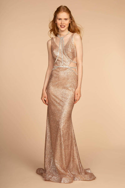 Tall Sophisticated V-neck Sleeveless Mermaid Metallic Sheer Glittering Back Zipper Jeweled Illusion Beaded Halter Plunging Neck Natural Waistline Dress with a Brush/Sweep Train