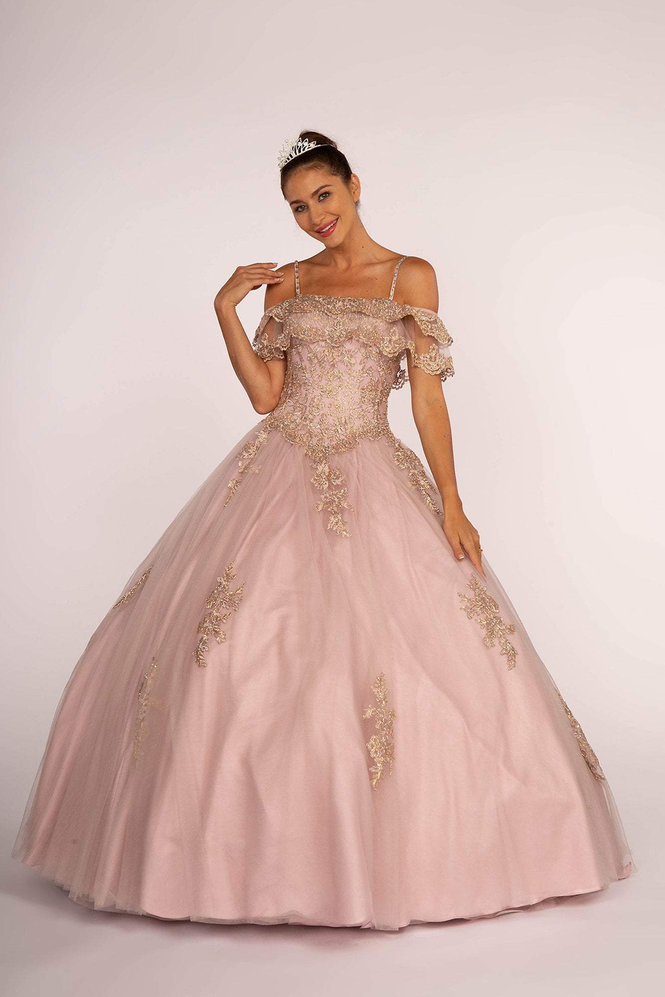 Elizabeth K - GL2510 Ruffled Off Shoulder Mesh Ballgown
