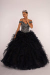 Basque Waistline Floor Length Beaded Gathered Jeweled Lace-Up Off the Shoulder Dress with a Brush/Sweep Train With Rhinestones and Ruffles