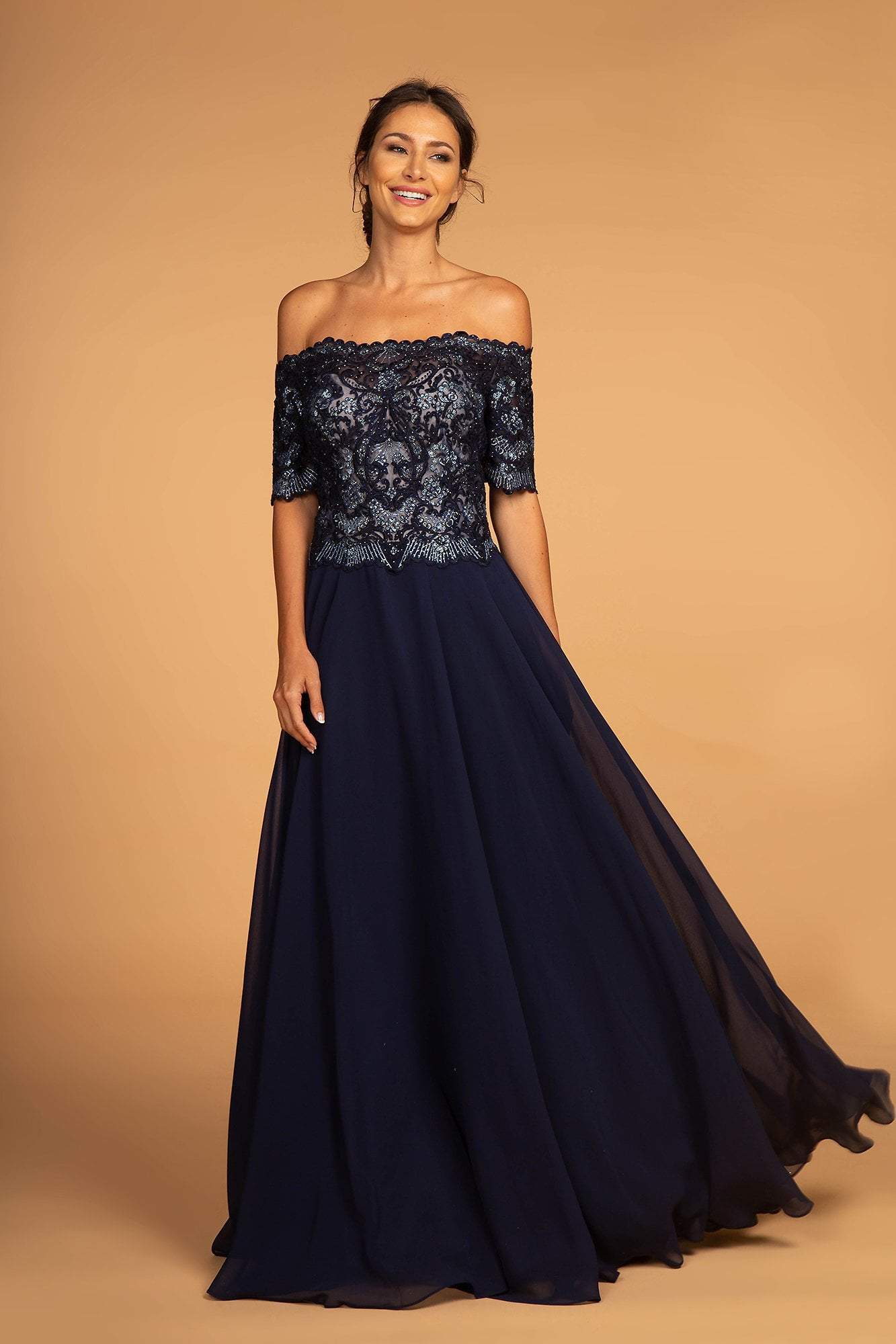 Elizabeth K - GL2525 Embroidered Off-Shoulder Chiffon A-line Dress
