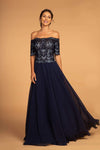 A-line Floor Length Short Sleeves Sleeves Off the Shoulder Goddess Embroidered Fitted Chiffon Natural Waistline Dress