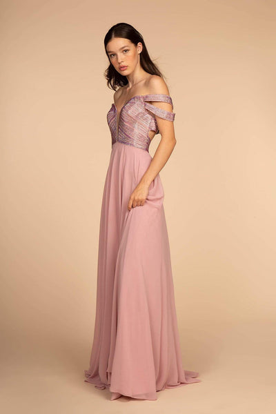 A-line Gathered Beaded Back Zipper Jeweled Open-Back Illusion Draped Chiffon Bandeau Neck Plunging Neck Flutter Sleeves Off the Shoulder Basque Waistline Striped Print Dress with a Brush/Sweep Train