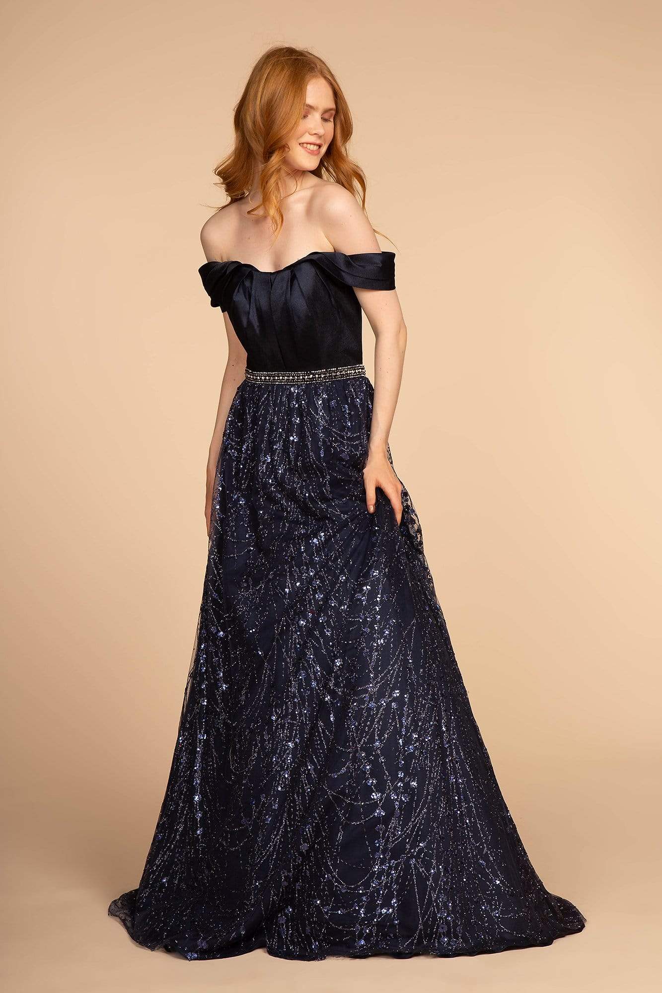 Elizabeth K - GL2530 Embellished Pleated Off-Shoulder A-line Dress
