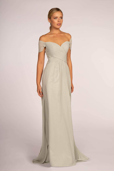 A-line Floor Length Short Back Zipper Pleated Fitted Sweetheart Chiffon Natural Waistline Off the Shoulder Dress