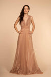 A-line V-neck Natural Waistline Floor Length Short Plunging Neck Pleated V Back Back Zipper Wrap Sleeveless Evening Dress With a Sash