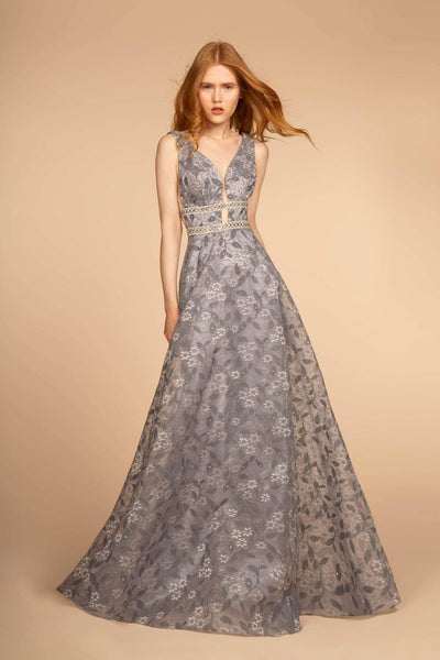 A-line V-neck Floor Length Floral Print Illusion Sheer Beaded Plunging Neck Lace Empire Waistline Flutter Sleeves Sleeveless Dress With Rhinestones
