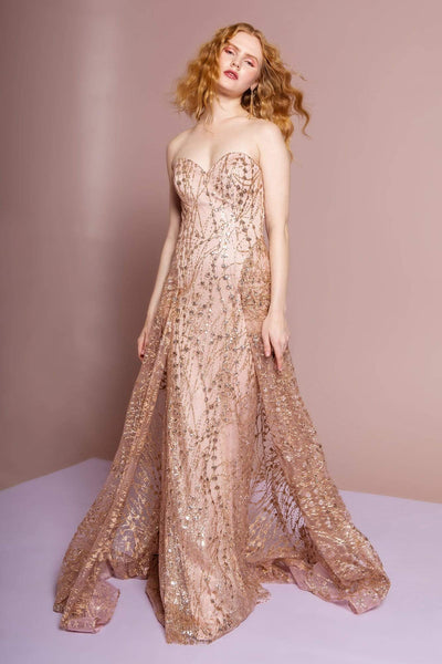 A-line Strapless Sweetheart Floor Length Glittering Fitted Open-Back Mesh Back Zipper Sequined Natural Waistline Evening Dress with a Brush/Sweep Train