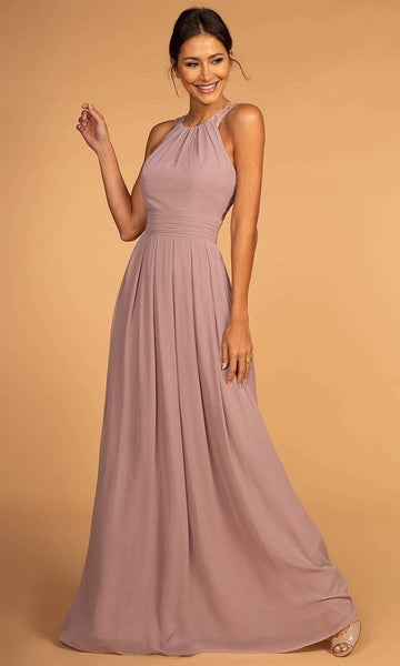 A-line Halter Sleeveless Natural Waistline Cutout Applique Pleated Wrap Fitted Floor Length Dress