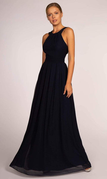 A-line Sleeveless Floor Length Natural Waistline Fitted Wrap Cutout Applique Pleated Halter Dress