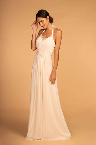 Sophisticated A-line Applique Pleated Wrap Back Zipper Natural Waistline Sleeveless Spaghetti Strap Halter Floor Length Evening Dress