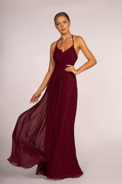 Sophisticated A-line Sleeveless Spaghetti Strap Halter Natural Waistline Floor Length Pleated Applique Wrap Back Zipper Evening Dress