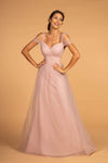 A-line V-neck Tulle Natural Waistline Cold Shoulder Sleeves Sweetheart Fitted V Back Ruched Back Zipper Floor Length Dress