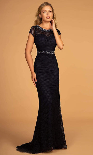 Natural Waistline Floor Length Jeweled Back Zipper Fitted Sheath Short Sleeves Sleeves Jeweled Neck Sweetheart Sheath Dress with a Brush/Sweep Train