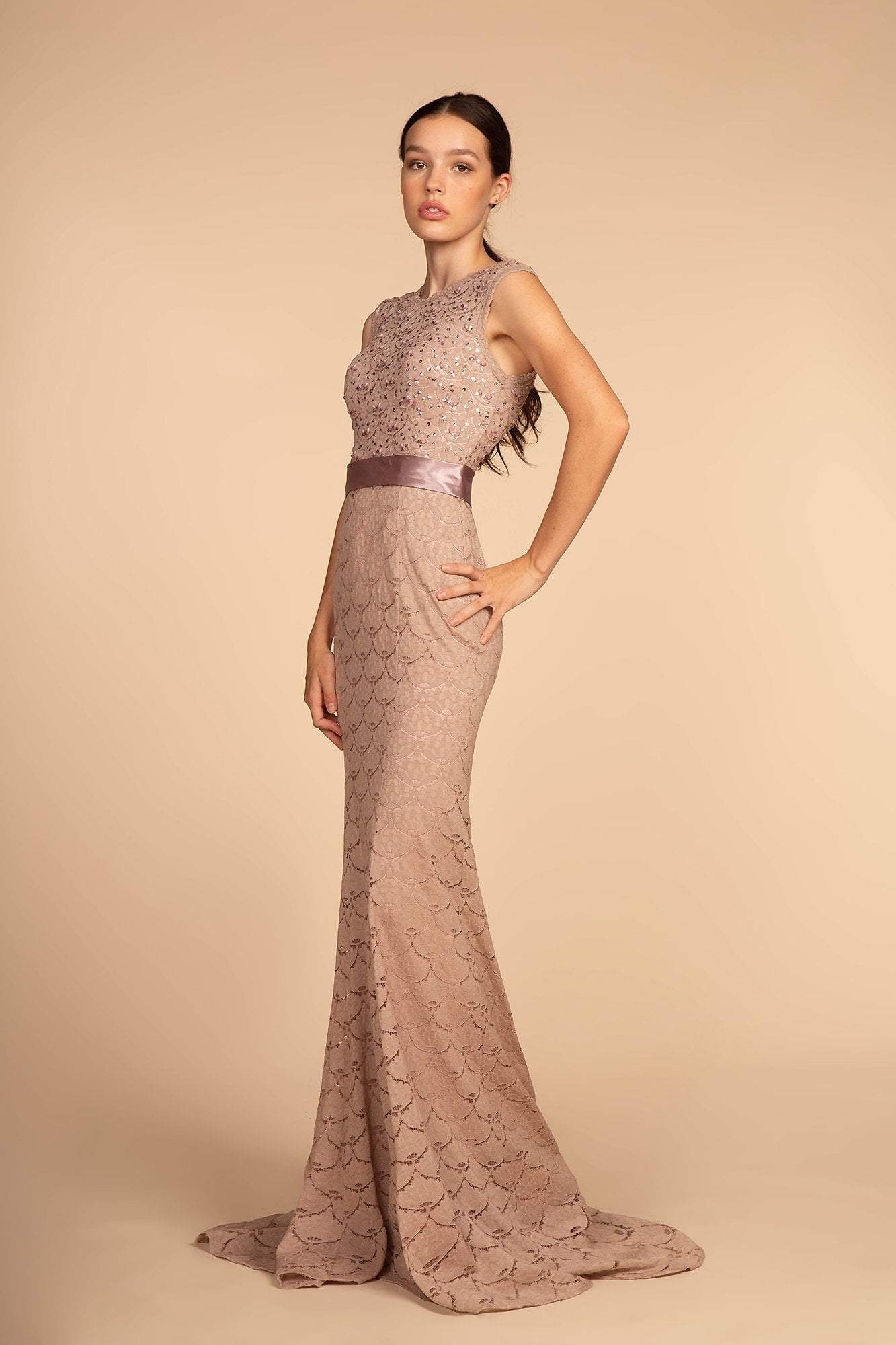 Elizabeth K - GL2613 Sequined Lace Jewel Neck Trumpet Dress
