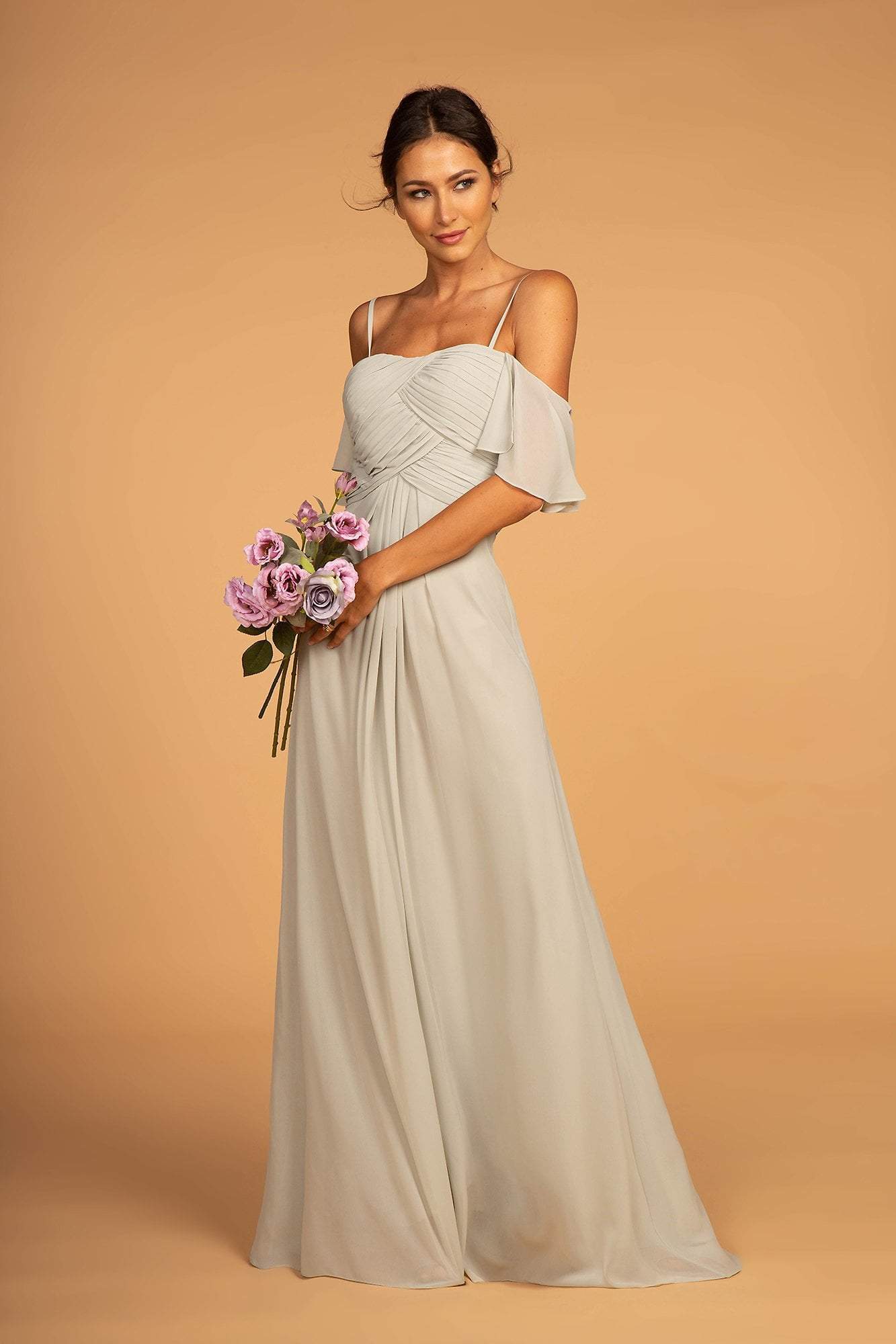 Elizabeth K - GL2615 Pleated Straight Across Neck Chiffon Dress
